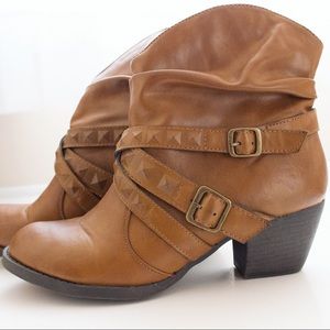 Tan faux leather heeled buckled bohemian booties